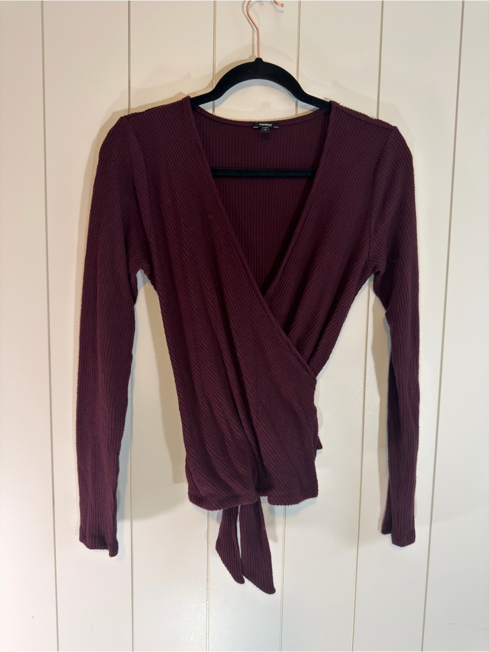 Express Burgundy Ribbed Wrap Long-Sleeve Top